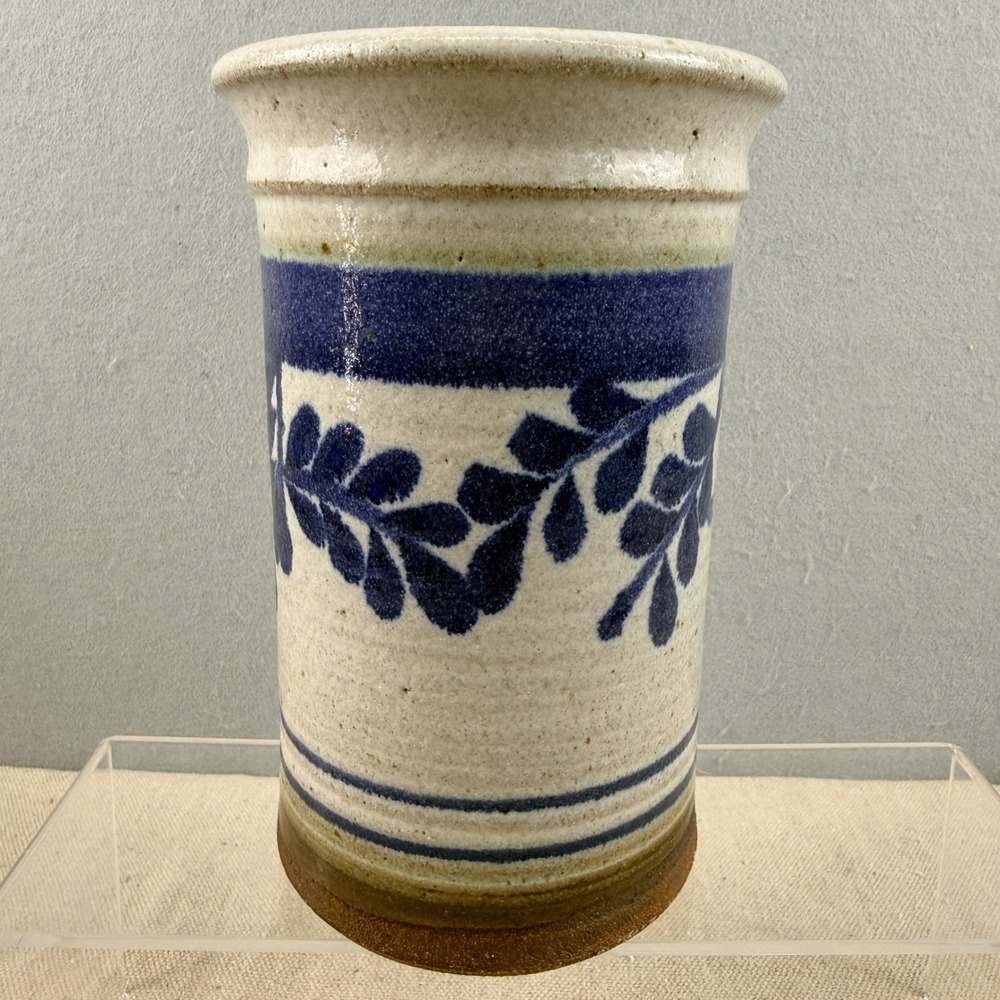 Vintage Studio Pottery Crock Cobalt Blue Leaf Motif Salt Glazed Stoneware 7" - Picture 4 of 9